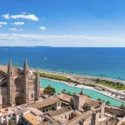 Aerial view of La Seu, the gothic medieval cathedral of Palma de Mallorca in Spain